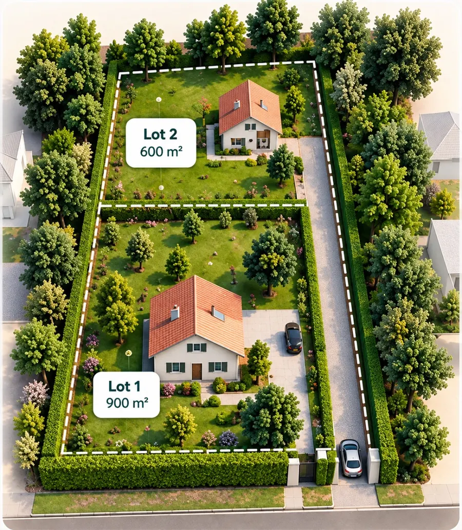 Vue aérienne d’un terrain divisé en deux lots : la maison existante conserve son jardin, et le lot détaché à l’arrière dispose de son propre accès privatif jusqu’à la rue
