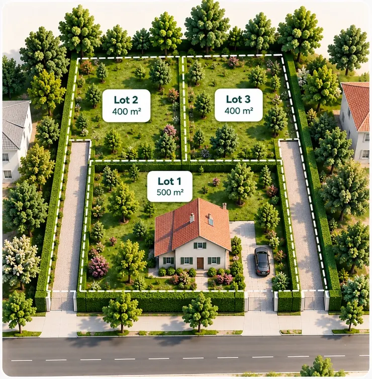 Terrain bâti divisé en trois lots : la maison existante sur un lot de 500 m² en façade, et deux lots de 400 m² en second rang, chacun desservi par sa propre voie d’accès depuis la rue