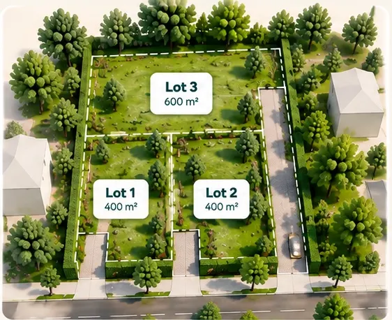 Vue aérienne d'un terrain nu divisé en drapeau : deux lots de 400 m² en façade et un lot de 600 m² à l'arrière, desservi par une voie d'accès privative